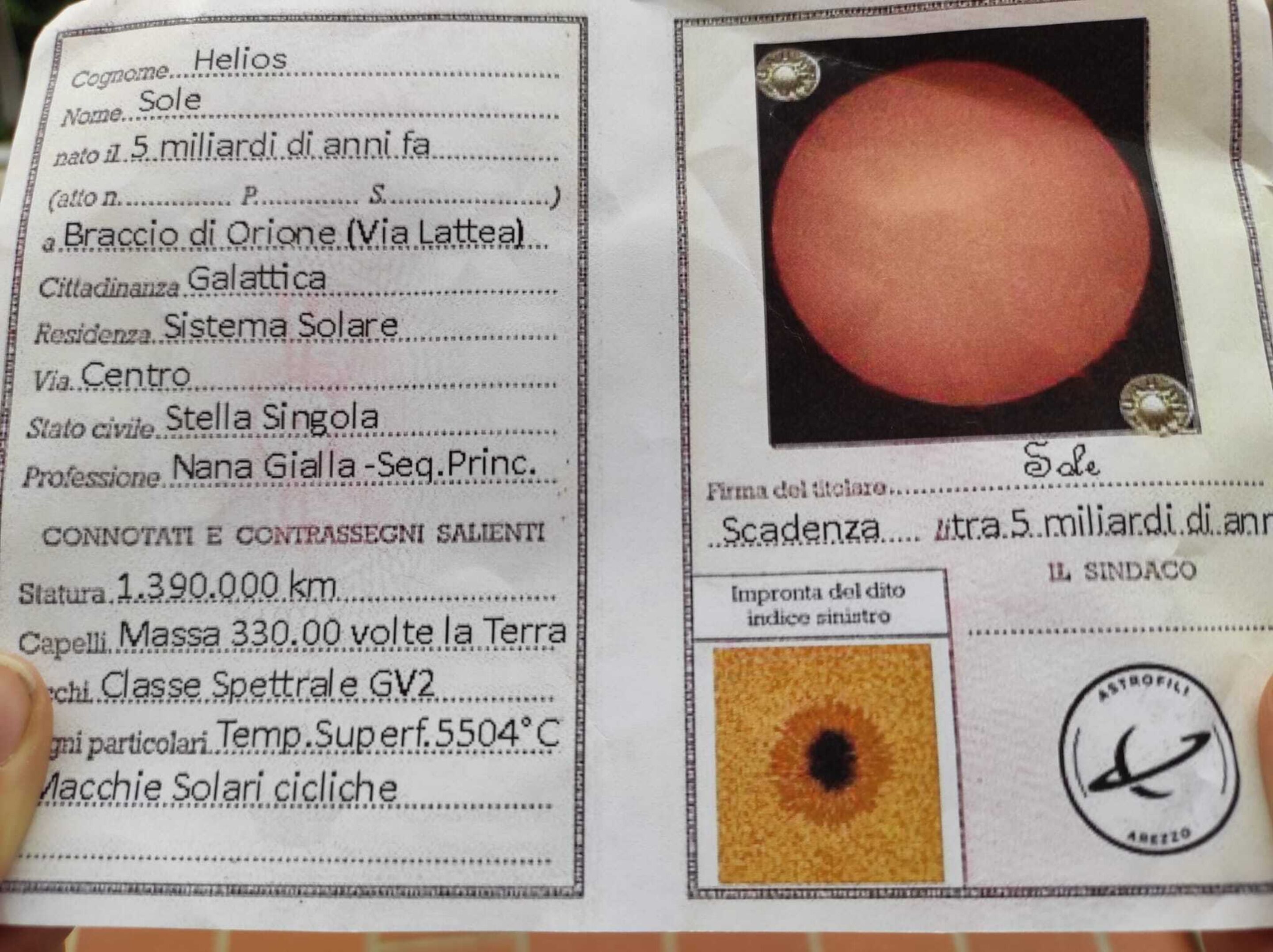 Carta identità sole